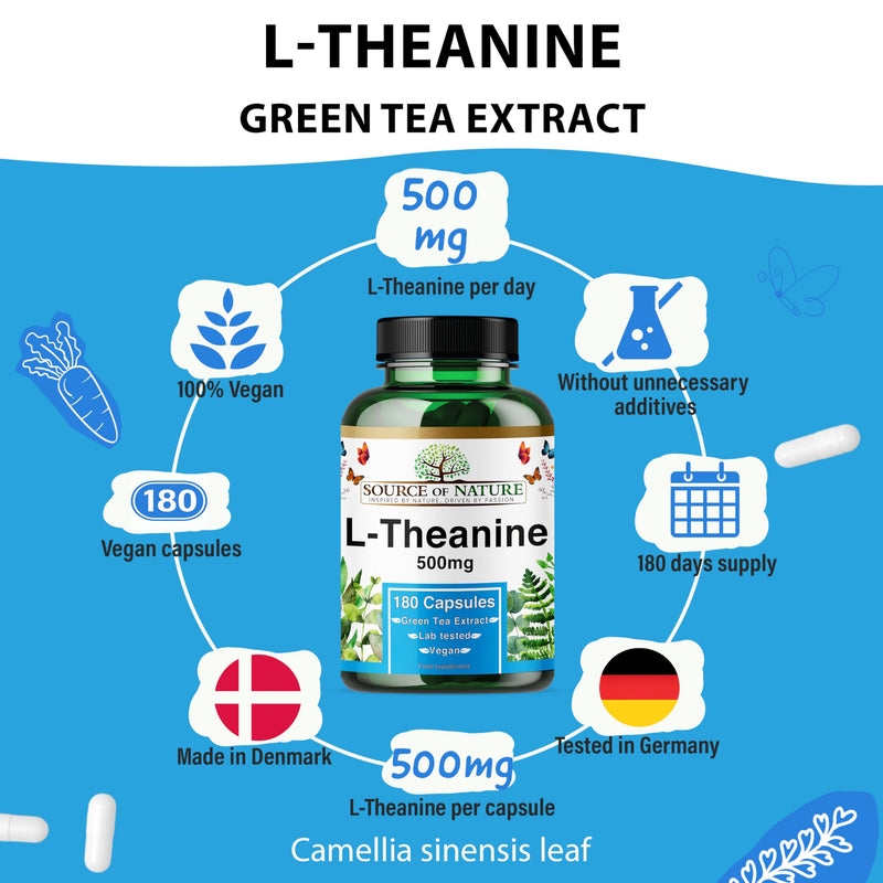 L-Theanine 500 mg – 180 Vegan Capsules – High Strength Amino Acid from Green Tea | 6-Month Supply | 98% Pure, No Additives | Danish Made