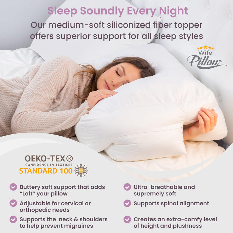 [Australia] - Wife Pillow - Topper, Down Alternative Premium Siliconized Fiberfill - Machine Wash & Dry. Adjustable for Side Sleepers by Zipper Access, Add or Remove Filling for Best Sleeping: Medium Support Insert - Fiber Fill Down Alternative, White/ Beige 