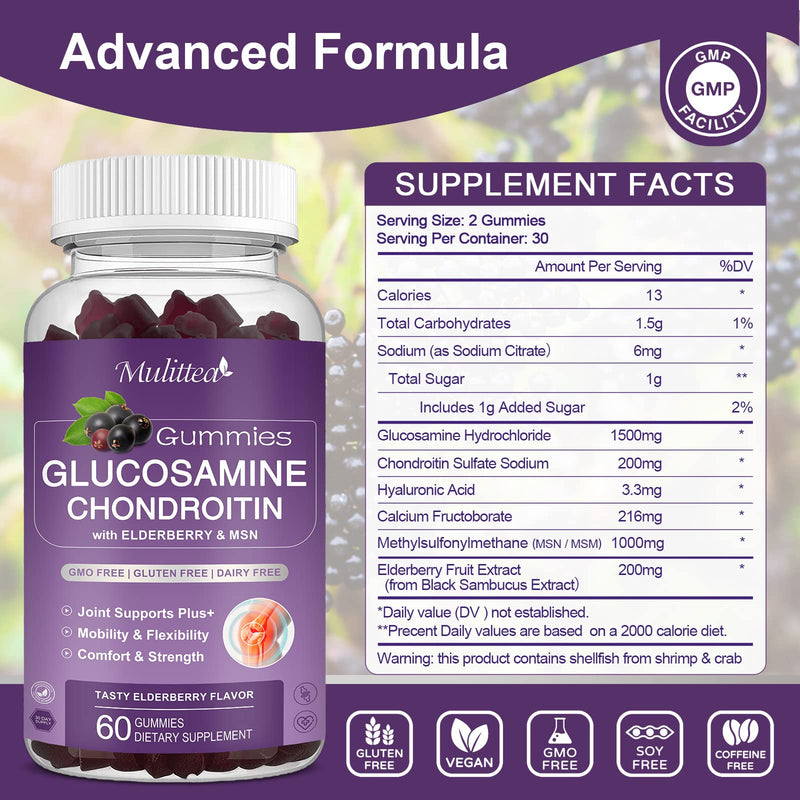 [Australia] - Glucosamine Chondroitin Gummies - Extra Strength Joint Support Supplement with MSM & Elderberry for Natural Joint, Antioxidant Immune Support for Adults, Men & Women-(2 Pack) 60 Count (Pack of 2) 