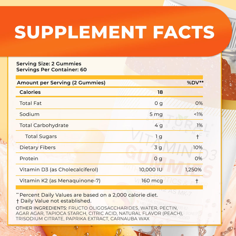 Vitamin D3 10000 IU & Vitamin K2 Gummies - Extra Strength, Sugar-Free, High Absorption - Bone, Joint, Immune, Heart, Brain & Mood Support - Non-GMO, Gluten-Free, Fiber-Based with Prebiotics, 30 Count 30 Count (Pack of 1)