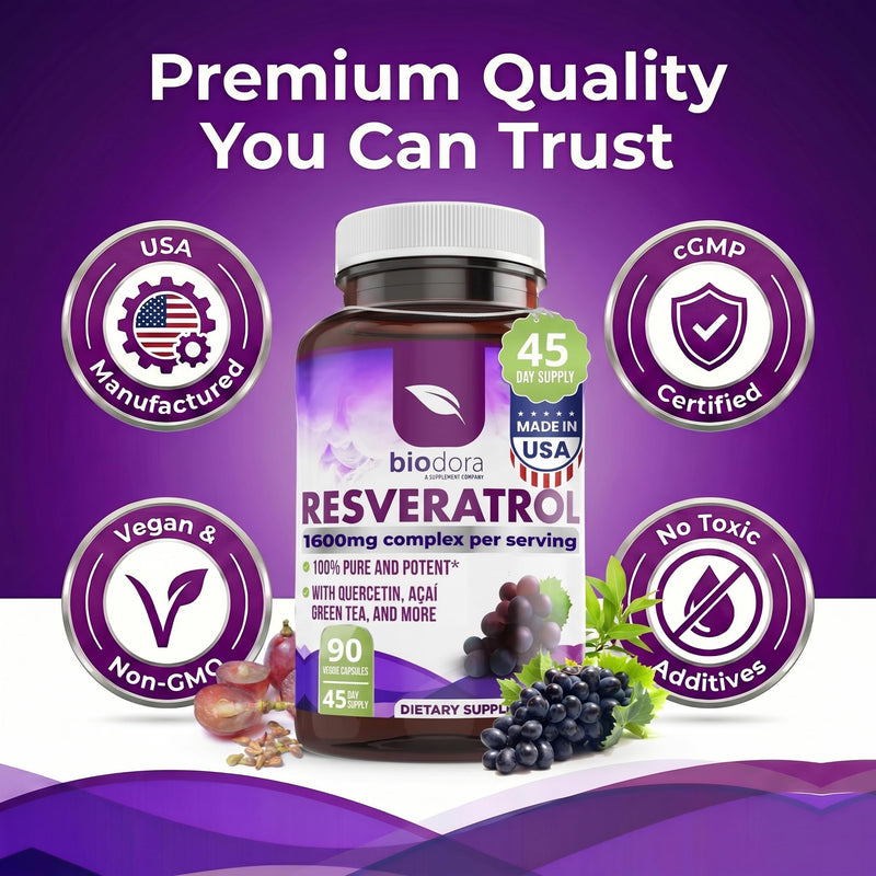 Resveratrol 1600mg | Trans-Resveratrol Antioxidant Supplement, 90 Capsules | w/ Natural Green Tea, Grape Seed Polyphenols & Quercetin, Supports Digestive, Heart Health, Immune System, Brain Function Resveratrol 90 Count