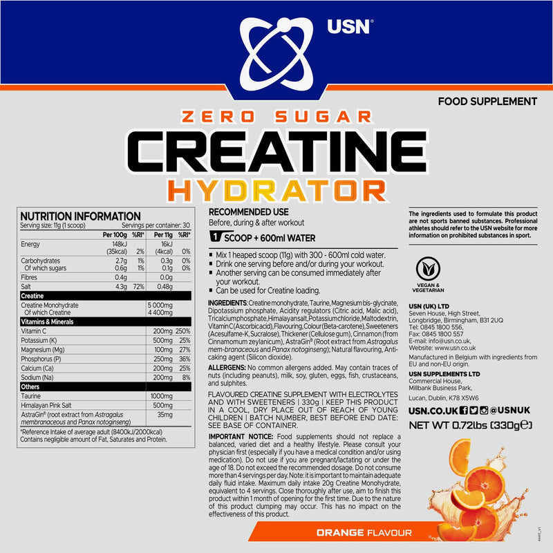 USN Creatine Hydrator Powder | Creatine Monohydrate with Electrolytes | Hydration, Strength & Performance Support | Intra Workout for Endurance & Recovery | 330g (30 Servings) | Orange