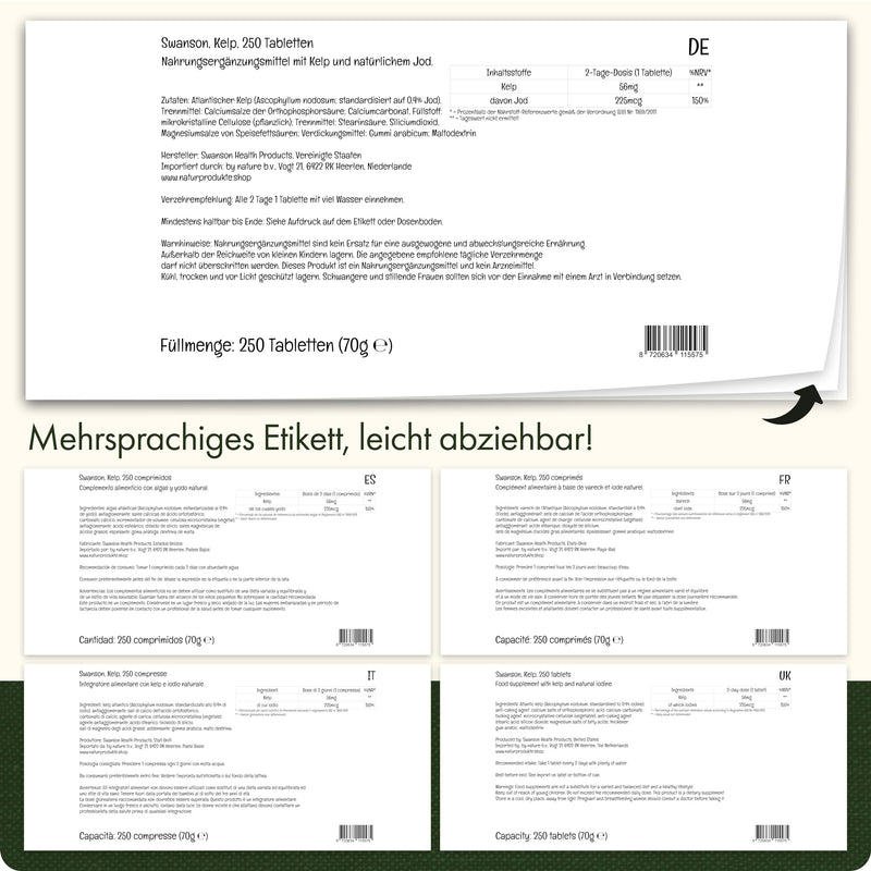 [Australia] - Swanson, Kelp, with natural iodine, 250 vegan capsules, high dosage, laboratory tested, vegetarian, soy-free, gluten-free, non-GMO 