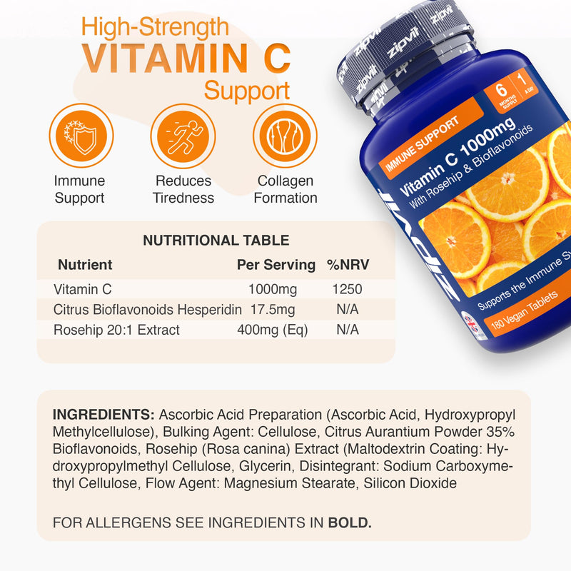 Zipvit Vitamin C 1000mg, 180 High Strength Vitamin C Tablets with Rosehip & Bioflavonoids, Vegan VIT C Supplement, Supports The Immune System and Reduction of Tiredness and Fatigue 180 Tablets - Jar