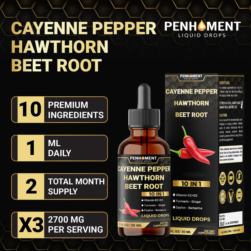 2 Packs - 2700 mg 10in1 Cayenne Pepper Liquid Drops with Hawthorn Berry, Vitamin D3 K2, Beet Root, Ginger Turmeric, Ginger, Ceylon Cinnamon, Berberine, and Ginseng - 2 Months 2 Fl Oz (Pack of 1)