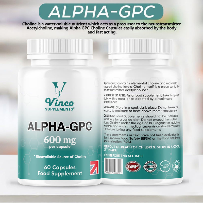 Vinco Alpha GPC 600mg in One Capsule - 60 Capsules = 60 True Servings - Pure Choline Supplement - Nootropic for Brain Support, Focus, Memory, Motivation & Energy - Alpha GPC Rich - Made in The UK