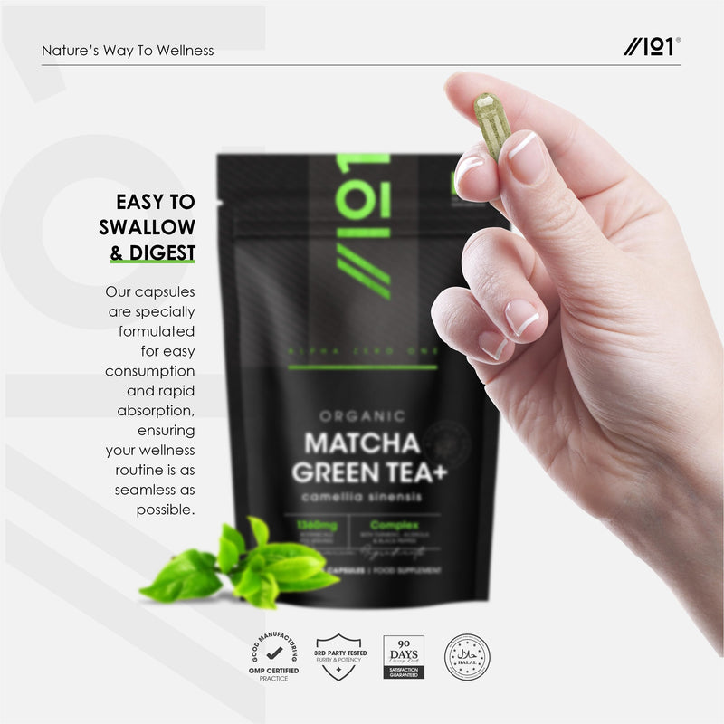 Organic Matcha Green Tea Extract 1360mg - 180 Vegan Capsules - Boosted with Turmeric, Acerola & Black Pepper – Resealable and Recyclable Pouch by Alpha01 1 count (Pack of 180)