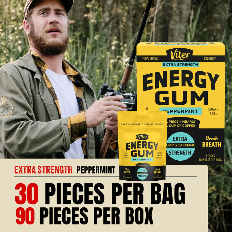 Viter Energy 60mg Caffeine Gum (Peppermint Flavor, 30 Pieces, 3 Pack) - Sugar Free, Vitamin B3, B6, B9, B12, Zero Calories, Caffeinated Energy Chews, Nootropic Focus Supplement for Men & Women Peppermint 30 Count (Pack of 3)