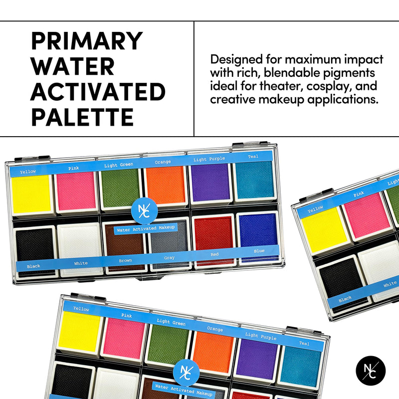 [Australia] - Narrative Cosmetics Primary Colors 12-Pan Palette - Vibrant Water-Activated Makeup for Face & Body Painting - Ideal for Cosplay, Theater & Artistic Makeup Creations 