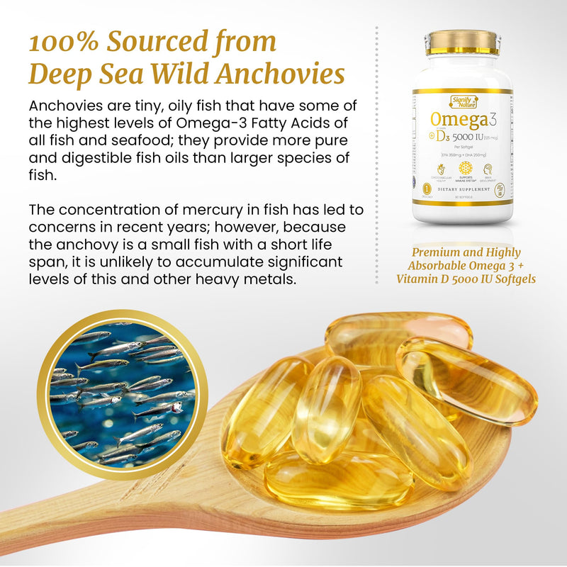[Australia] - SIGNIFY NATURE Omega 3 Fish Oil Supplement with Vitamin D3 5000 IU - 1000mg Triglyceride Capsules for Brain Health - Omega3 EPA DHA + VIT D 3-90CT 