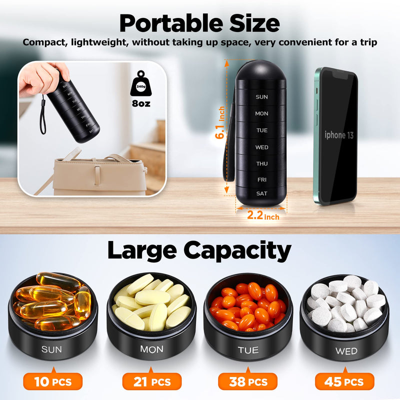 Zannaki XL Metal Travel Pill Organizer, Extra Large Waterproof Weekly Pill Box, Aluminum Alloy Pill Case Container, BPA Free 7 Day Daily Medicine Organizer Holder for Vitamin, Fish Oil, Supplement Black-xl