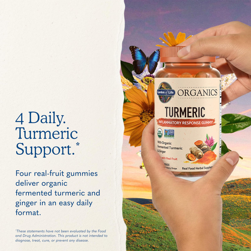 Garden of Life Organics Turmeric Inflammatory Response Gummy - 120 Real Fruit Gummies for Kids & Adults, 50Mg Curcumin (95% Curcuminoids), No Added Sugar, Organic, Non-GMO, Vegan & Gluten Free Turmeric,Ginger,Cinnamon,Black Pepper Fruit