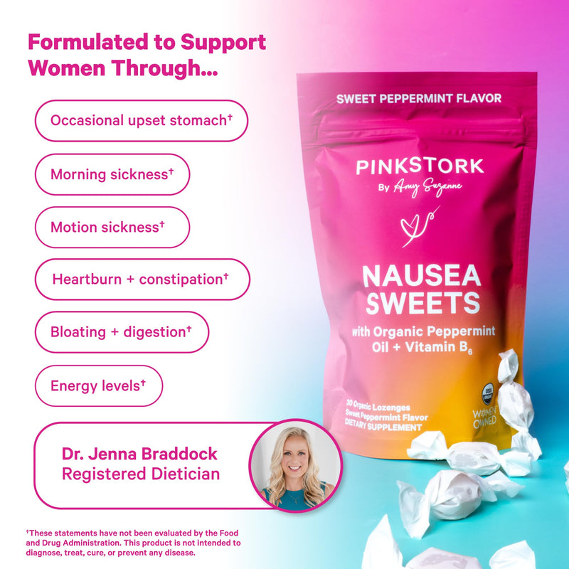 Pink Stork Organic Peppermint Sweets, Peppermint, 30 Candies | Morning Sickness Support, Motion Sickness Support, Added Vitamin B6, 1st Trimester Pregnancy Must Haves, Wrapped Mint
