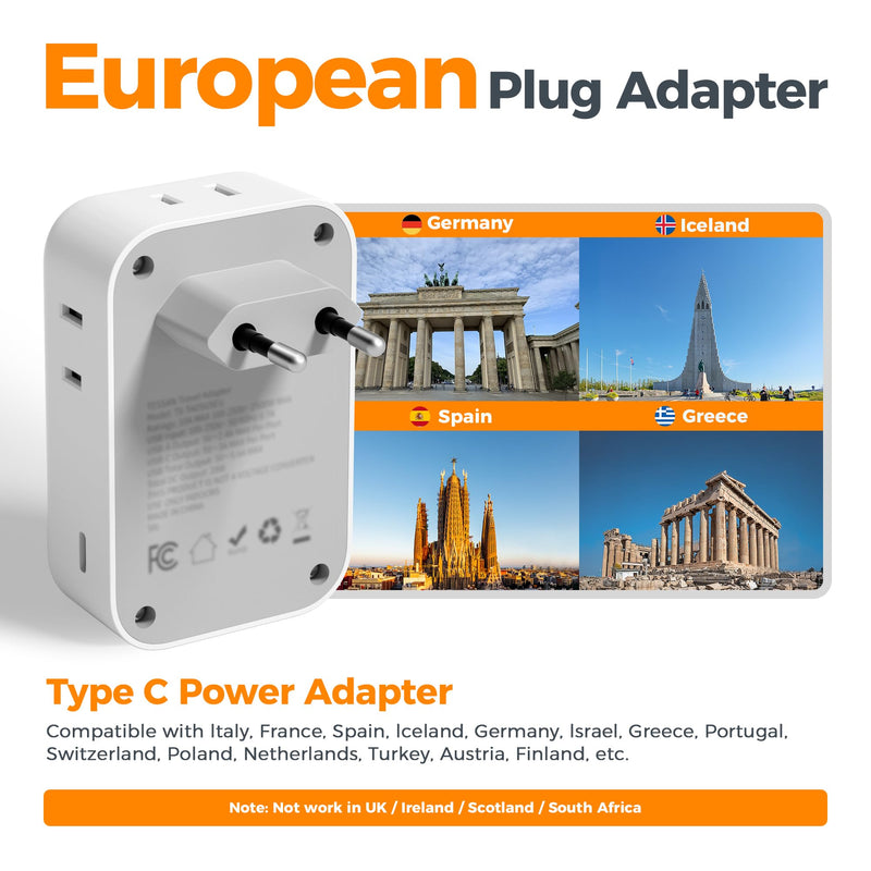 TESSAN European Travel Plug Adapter, Foldable EU Plug, PD 28W | 4 AC Outlets & 5 USB Ports (3 USB-C), Type C Power Adapter for Italy France Germany Spain Greece Iceland White grey-Type C(3 USB C 28W)