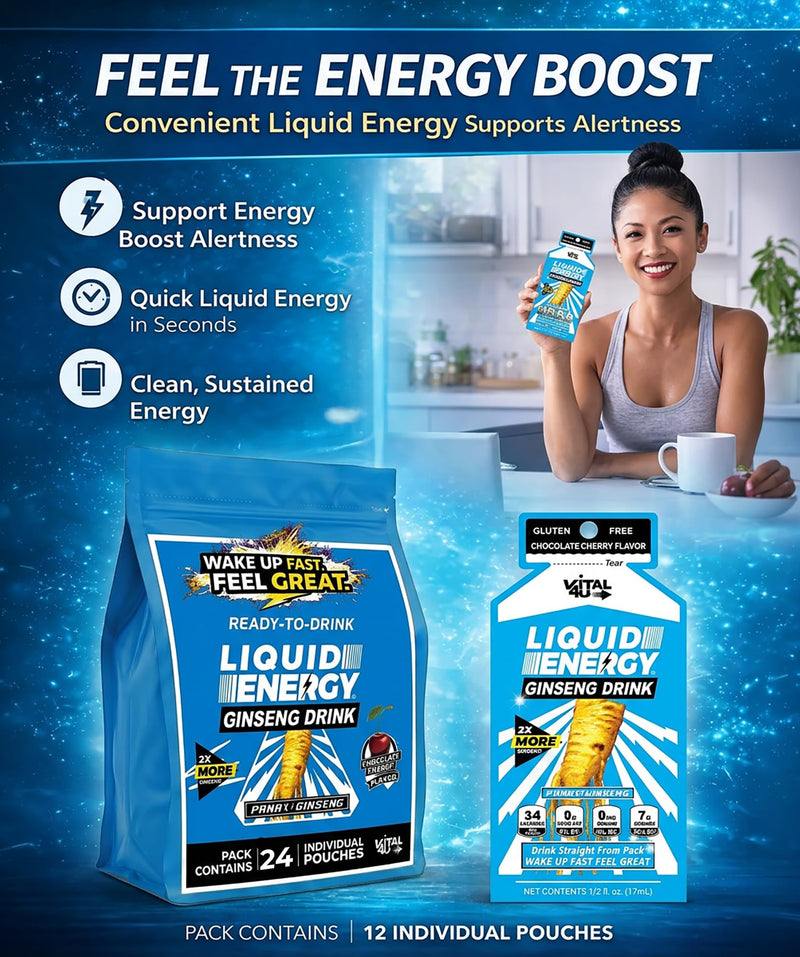VITAL 4U® Liquid Energy - Ginseng Energy Shot with Panax Ginseng Extract, B Vitamins, Natural Sugar and Flavor, Chocolate Cherry Flavor, 24 Count