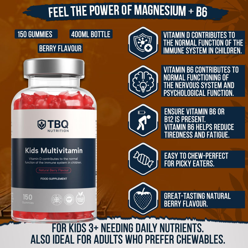 Kids Multivitamin & Mineral Gummies – 150 Vegan Berry-Flavoured Gummies | with Vitamins A, B6, B12, C, D2, E, Biotin, Folic Acid & Zinc | Daily Nutritional Support