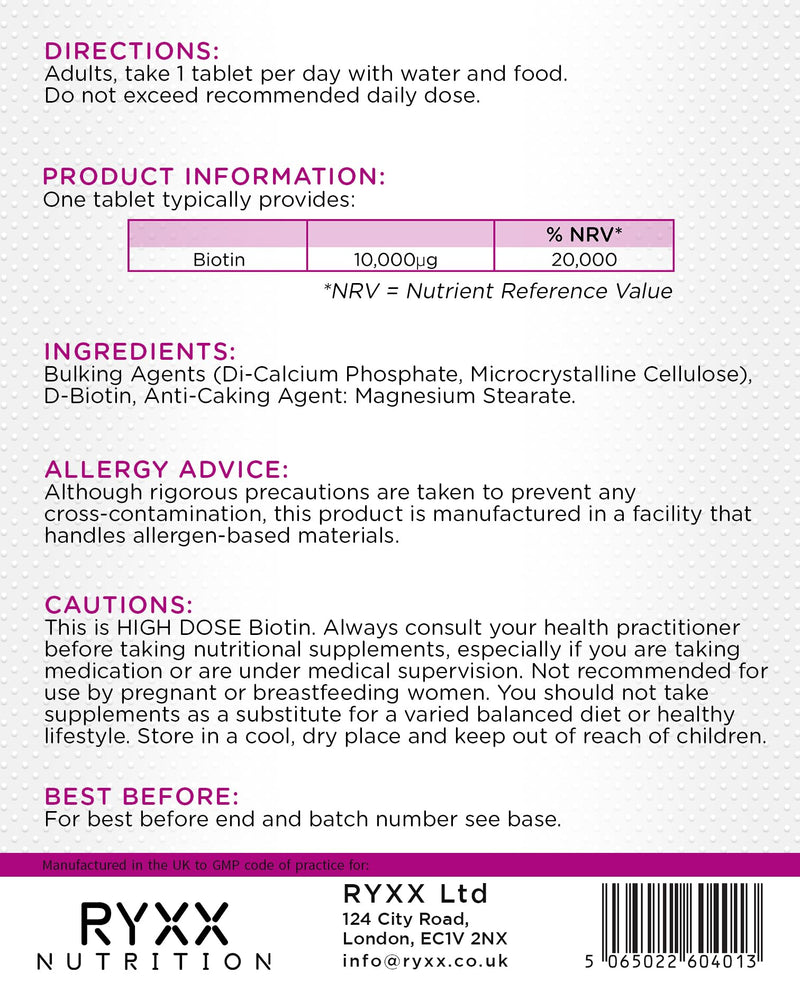 Biotin Complex 10,000µg | High Strength Biotin for Hair Growth, Skin & Nails | 120 Vegan Tablets | Made in the UK by RYXX