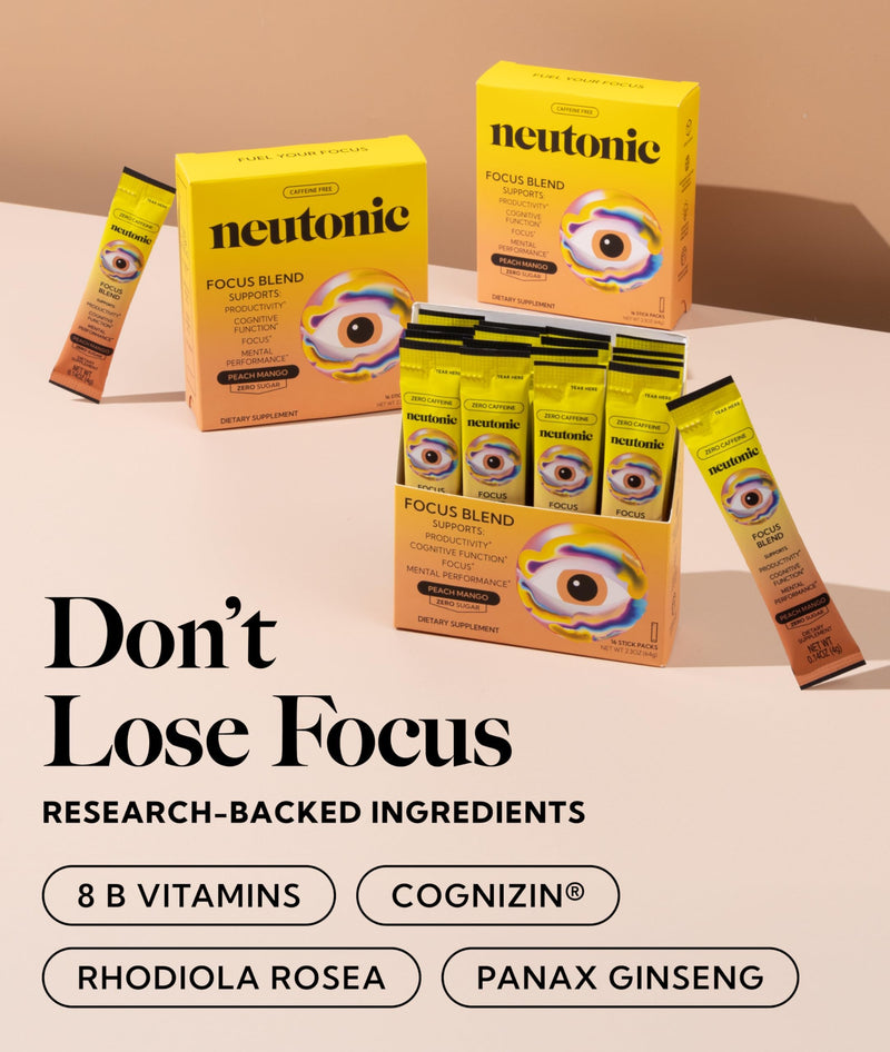 Neutonic Nootropic Focus Blend Powder | Peach Mango 16 Sticks | Caffeine Free, Zero Sugar | Support Energy, Mental Performance, Cognitive Function | Support Focus, Fatigue Reduction, Brain Health Box of 16