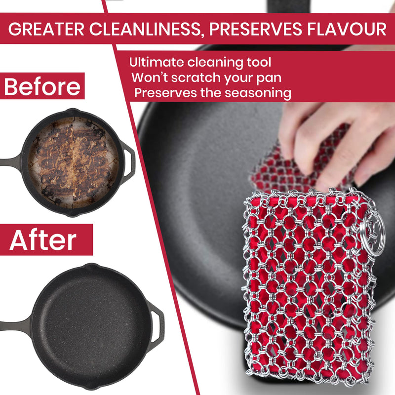 [Australia] - Cast Iron Scrubber with Bamboo Towel - 316 Cast Iron Cleaner Scrubber with Silicone Insert - Cast Iron Chainmail Scrubber for Cast Iron Pans - Cast Iron Skillet Scrubber for Cast Iron Cookware Red CIS with Towel 