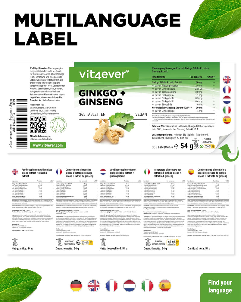 [Australia] - Ginkgo + Ginseng - 365 tablets - Special extract - High dosage - Laboratory tested - Ginkgo Biloba + Korean Ginseng - Premium quality - Vegan 
