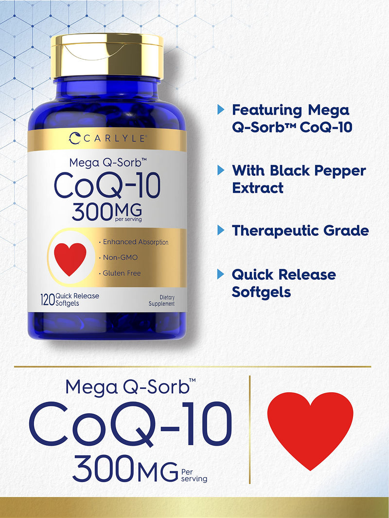 Carlyle CoQ10 300mg | 120 Softgels | Mega Q-Sorb Coenzyme Q-10 | with Black Pepper Extract | Non-GMO, Gluten Free 120 Count (Pack of 1)