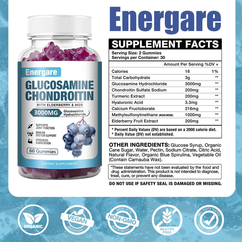 [Australia] - 2 Pack 3000mg Glucosamine Chondroitin with MSM Gummies & Elderberry, Extra Strength Joint Support Health, Flexibility, Antioxidant, Immune Supplement Gummy for Adults, Men & Women 120 Counts 60 Count (Pack of 2) 