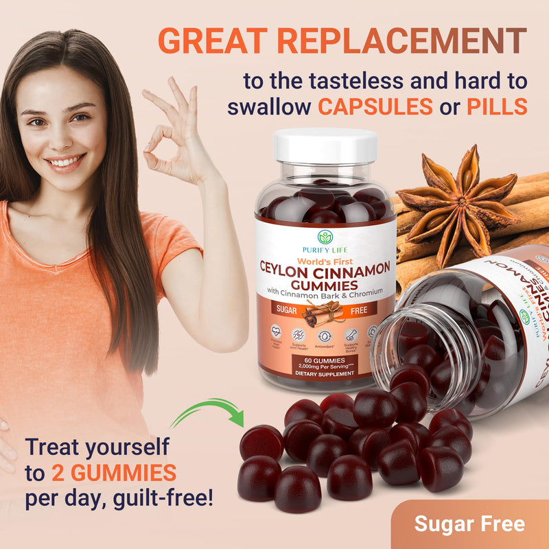 [Australia] - Sugar-Free Ceylon Cinnamon Gummies (2,000mg/Serving) Joint Pain Support Cinnamon Supplement & Brain Health, Vegan, Gluten-Free, Replace Ceylon Cinnamon Capsules, Pills, Powder Extract 60 Chews 