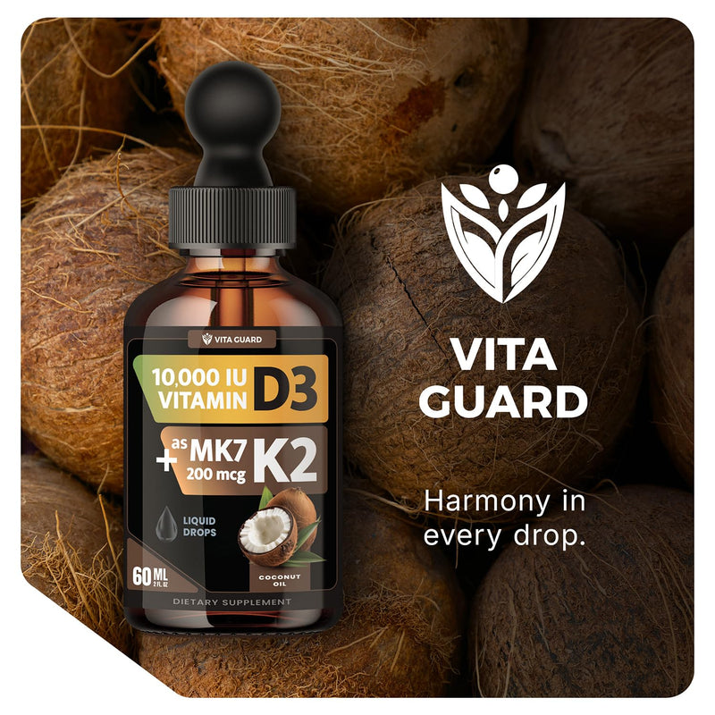 Vita Guard (2 Pack) Vitamin D3 K2 Liquid Drops 10,000 IU + 200 mcg MK-7 – High Absorption, Sugar-Free, Non-GMO, Bone & Immune Booster, Vegan Supplement with Coconut Oil – 60 ml (2 oz)