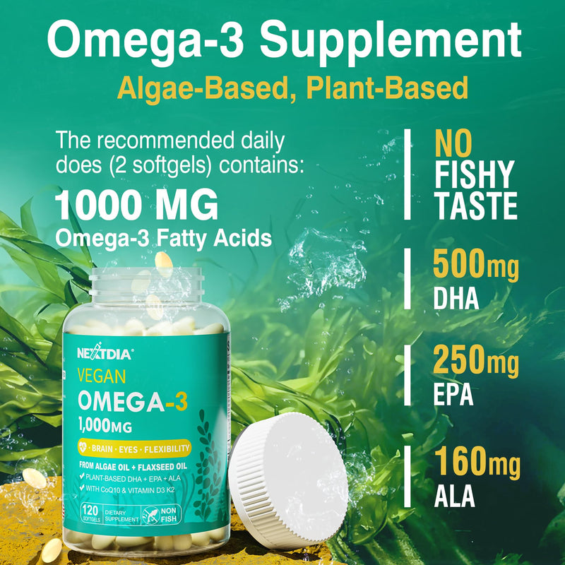 [Australia] - 2 Pack Vegan Omega 3 D3 K2 CoQ10 Supplement, Plant Based DHA EPA ALA for Women Men, Omega 3 Organic Algae Flaxseed Oil Supplement for Bone, Brain, Eye & Immune Support, No Carrageenan, 240 Softgels 120 Count (Pack of 2) 