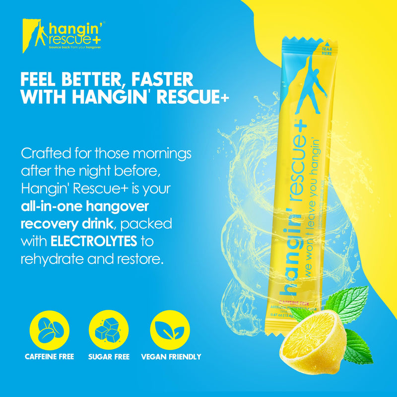 Hangin' Rescue+ Electrolyte Drink Mix | Rehydrate, Reduce Fatigue & Protect Cells with Electrolytes, B6, C, Taurine & L-Cysteine | Caffeine-Free | Travel-Ready | 13.4g Each (12, Original) 12