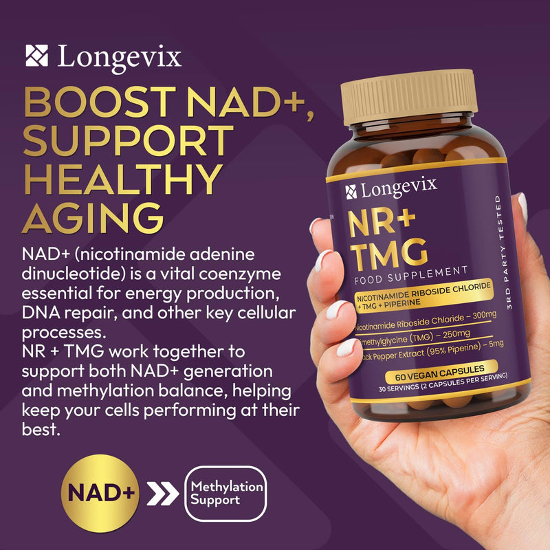 NR+ TMG, NAD+ Capsules | Nicotinamide Riboside 300mg, TMG 250mg | NAD+ & Methylation Support | 60 Vegan Capsules | NAD+ Booster | Clean Formula |