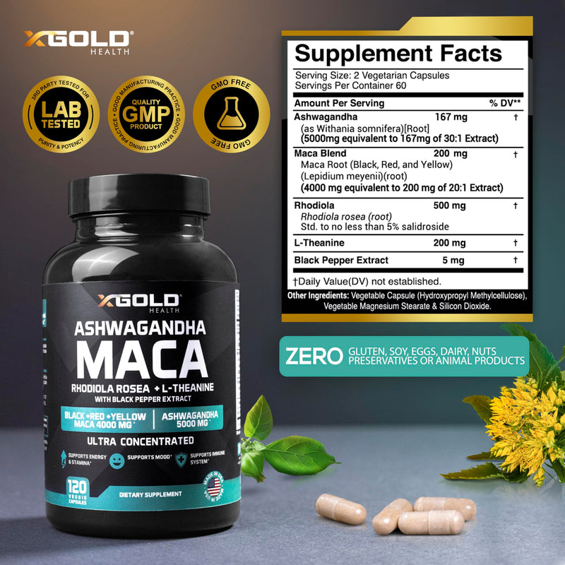 [Australia] - Ashwagandha 5,000mg + Maca Root Black, Red, Yellow 4,000mg, Rhodiola & L-Theanine: 30:1 Extract Ashwagandha Capsules, 20:1 Extract Maca Root Capsules - Supplement for Men and Women 