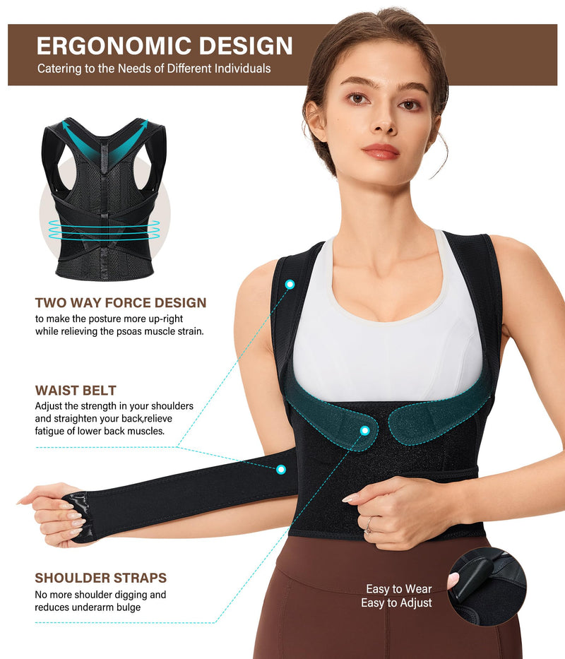 URSEXYLY Back Brace Posture Corrector for Women Breathable Posture Brace Adjustable Full Back Support Brace,Upper and Lower Back Pain Relief(Large,Black) Large Black