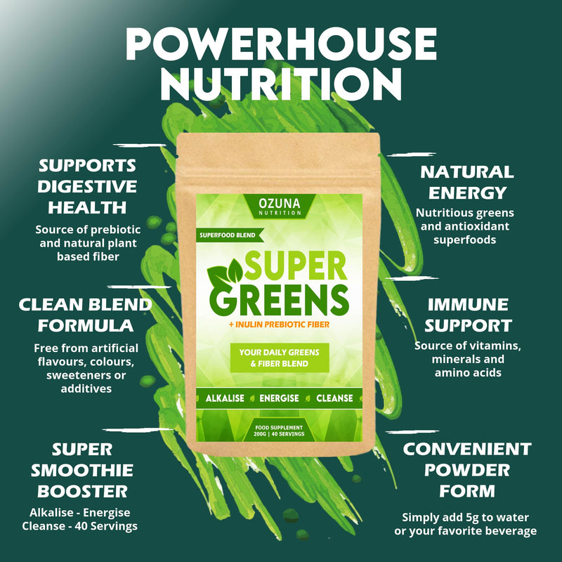 Super Greens Powder, Alkaline Superfoods Smoothie Booster with Inulin Prebiotic Fiber, 40 Servings