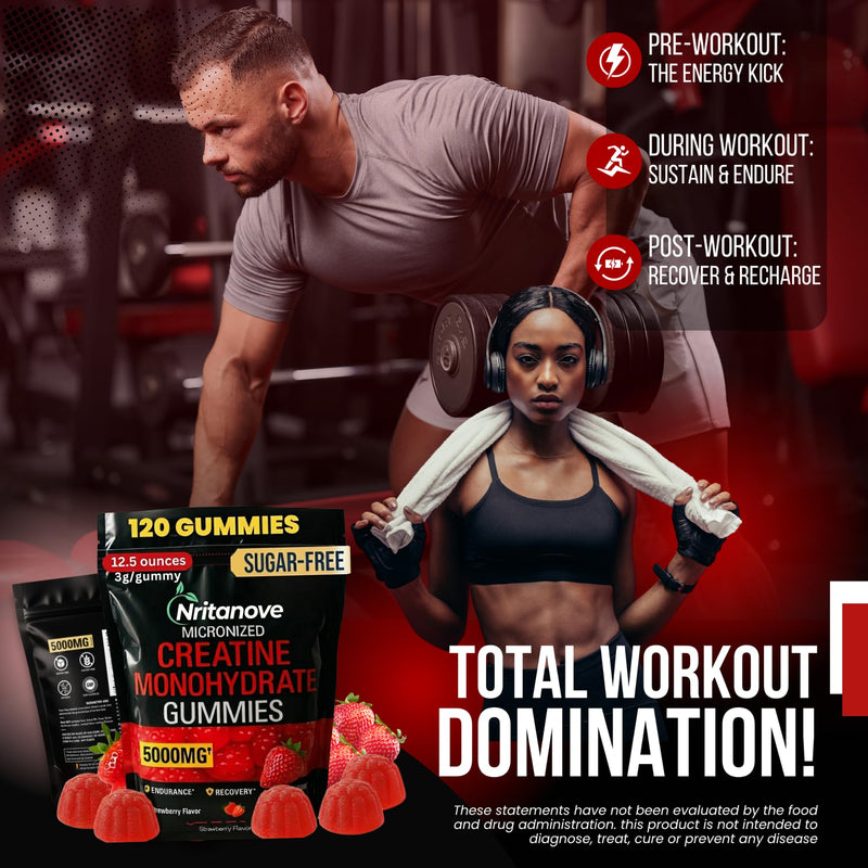 Sugar-Free Creatine Monohydrate 5000mg Gummies, 120 Count, Strawberry Flavour, High-Strength Creatine Gummy Supplement for Workout & Gym Support for Men & Women