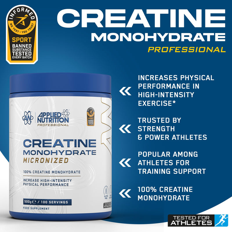 Applied Nutrition Creatine Monohydrate Powder 500g – 100% Micronized Creatine – 5g per Serving – Unflavoured – Supports High-Intensity Performance – 100 Servings 100 Servings (Pack of 1)