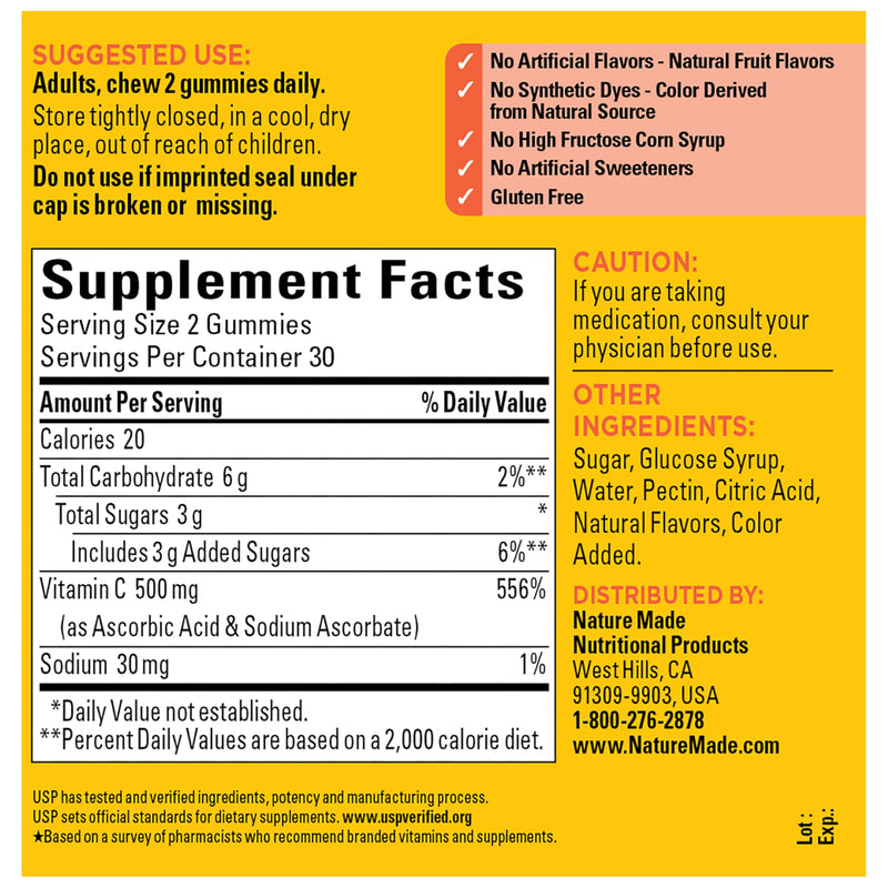 Nature Made Extra Strength Dosage Vitamin C 500mg per Serving, 60 Gummies | Adult Vitamin C Immune Support Gummies, For Daily Immune Support and Antioxidant Support, Tangerine Flavor, 30 Day Supply No Artificial Sweeteners 60 Count (Pack of 1)