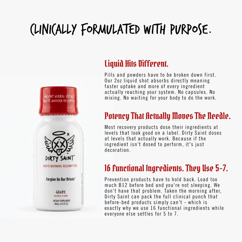 DIRTY SAINT Next Morning Revival Shot | 16 Functional Ingredients, 6 Doses | DHM | Next Day Resurrection | Korean Raisin Tree, No Sugar, Milk Thistle, NAC, B Vitamins, Electrolytes, Natural Grape 2 Fl Oz (Pack of 6)