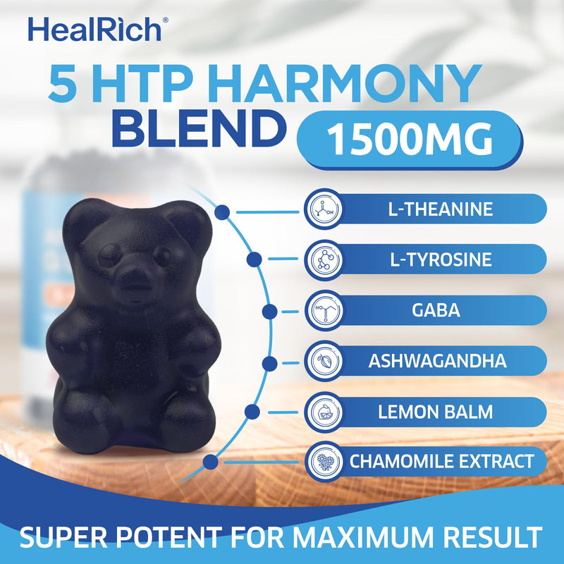 [Australia] - Stress Relief Gummies - 1500MG 5HTP with L-Theanine Gaba & L-Tyrosine - Ashwagandha Herbal Supplement Supports Intellectual Alertness Vegan Brain Mood Booost Supplements for Kids & Adults Made in USA 60 Count (Pack of 1) 