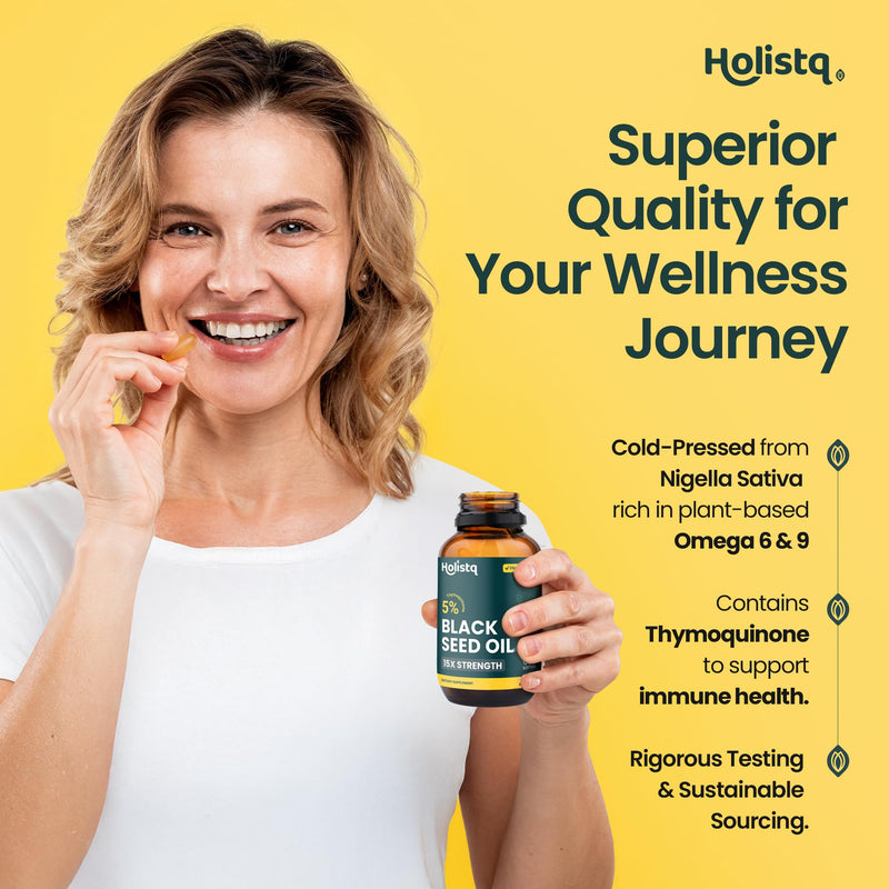 [Australia] - Holistiq Black Seed Oil Organic Cold Pressed Capsules | 5% Thymoquinone | Non-GMO & Vegan | Nigella Sativa Black Cumin Seed Oil, Omega 3 6 9 Adult Immunity Support - 120 Softgels, 2 Months Supply 120 Count (Pack of 1) 