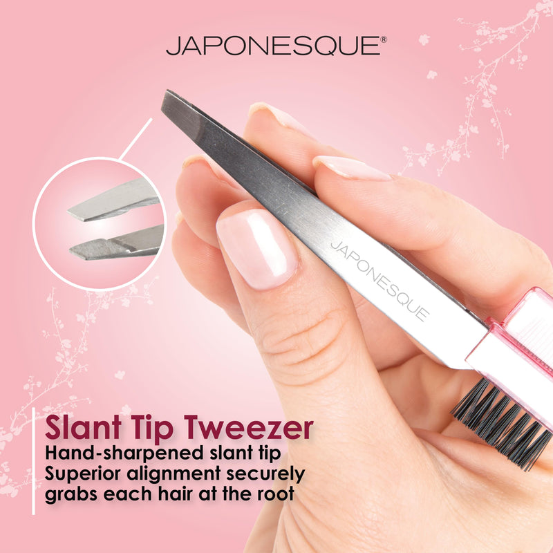 JAPONESQUE Premium Brow Shaper 3-IN-1 Tool Features a Slant Tweezer, Brow Brush & Lash Comb. Precision Crafted, Hand Sharpened Tips for Shaping & Defining Brows