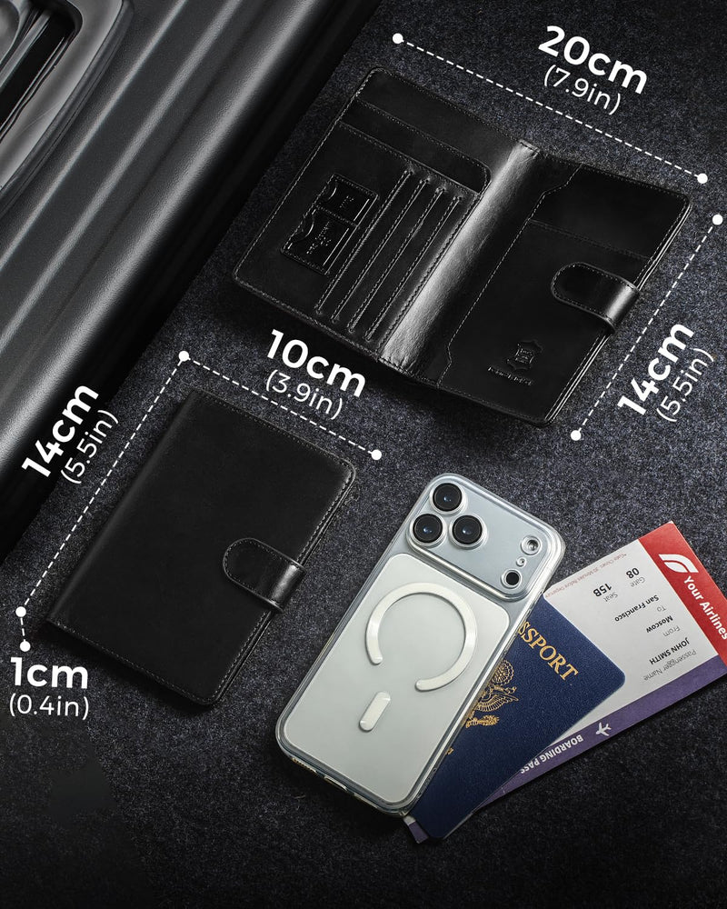 Passport Holder for Travel: RFID Blocking Full Grain Leather Passport Wallet for Men - Slim Minimalist Bi-fold Passport Cover for Air Ticket Credit Card Bills Coin, Gift Boxed (Black) Black