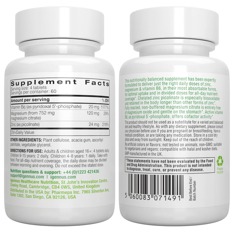 Igennus Neurobalance High Absorption Zinc Magnesium & B6 Complex | Cognitive Support, Calm Focus & Relaxation, Chelated Zinc & Fully Reacted Magnesium, Vegan, Non-GMO, 240 Small Tablets 240 Count (Pack of 1)