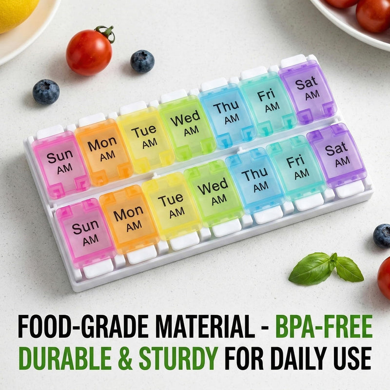 2 Pack Weekly Pill Organizer for Seven Day, Medicine Dispenser Daily Vitamin Container Supplement Holder Moisture Proof Box, Portable Travel Case for Morning Evening Routine Secure Practical Planner 2 Pack