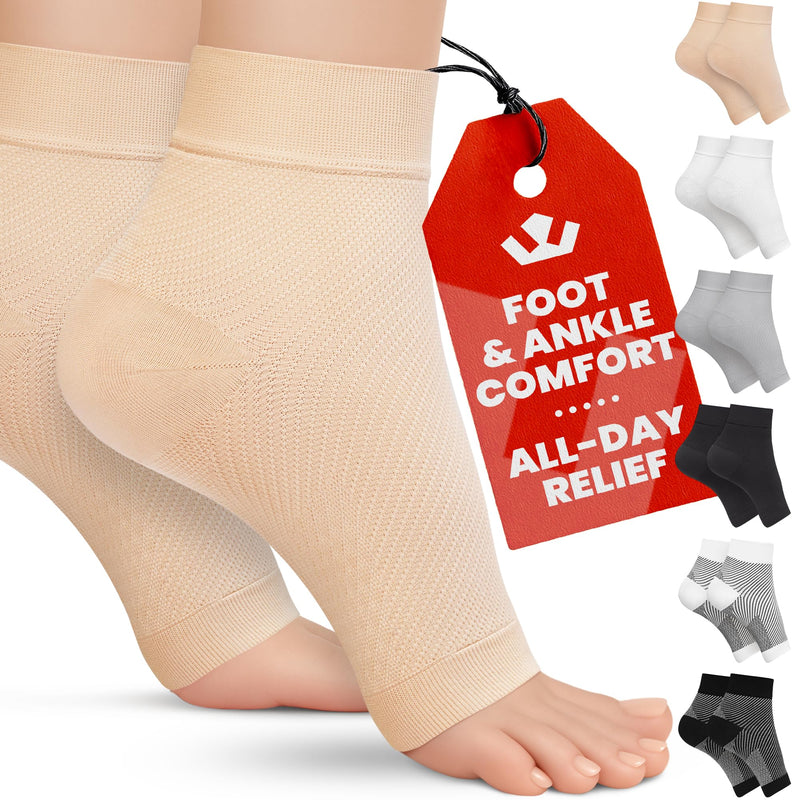 KEMFORD Ankle Compression Sleeve - 2-Pairs, Plantar Fasciitis Braces - Open Toe Compression Socks for Swelling, Sprain, Neuropathy, Foot Arch Support for Men and Women - 20-30mmhg, M, Beige Beige 2-Pairs Medium