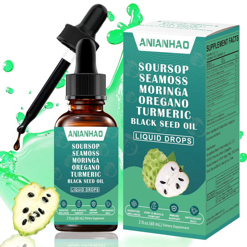 10-in-1 Soursop Bitters Liquid Drops, with Sea Moss, Moringa, Turmeric, Black Seed Oil, Oregano, Ashwagandha | Herbal Extracts for Overall Health-Enhancing | Vegan, Non-GMO | 60ml
