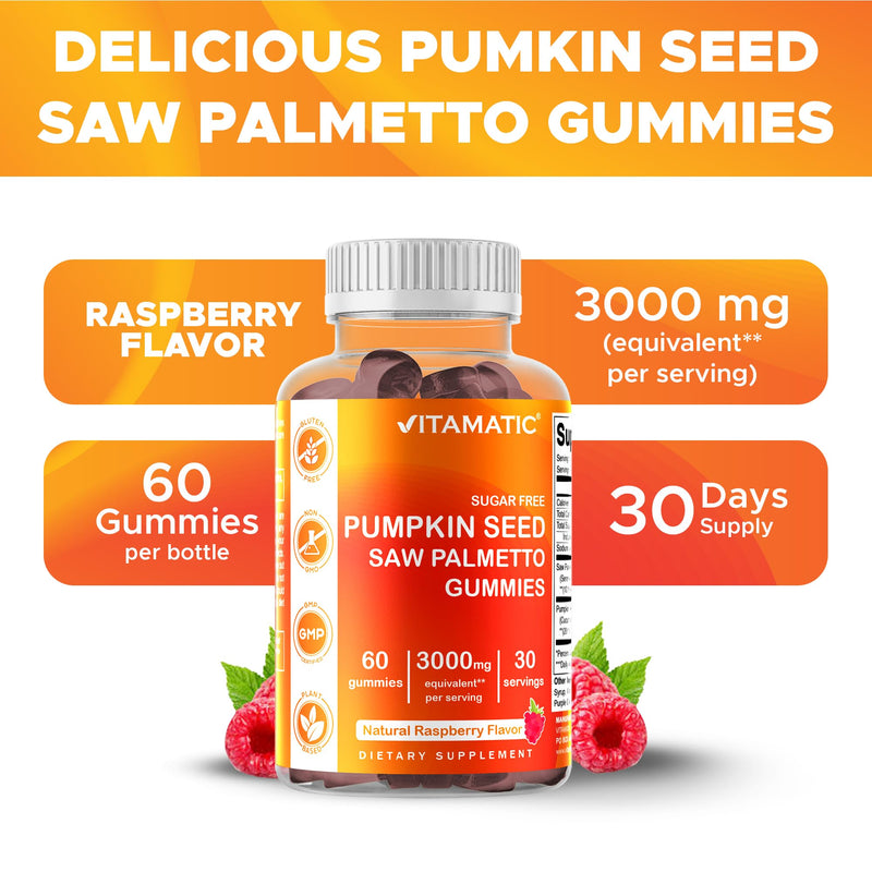 [Australia] - Vitamatic 2 Packs Sugar Free Pumpkin Seed Gummies- 3000 mg Equivalent Per Serving (from 20:1 and 10:1 Extract 200 mg) - Made with Saw Palmetto - Natural Raspberry Flavor - 60 Count 