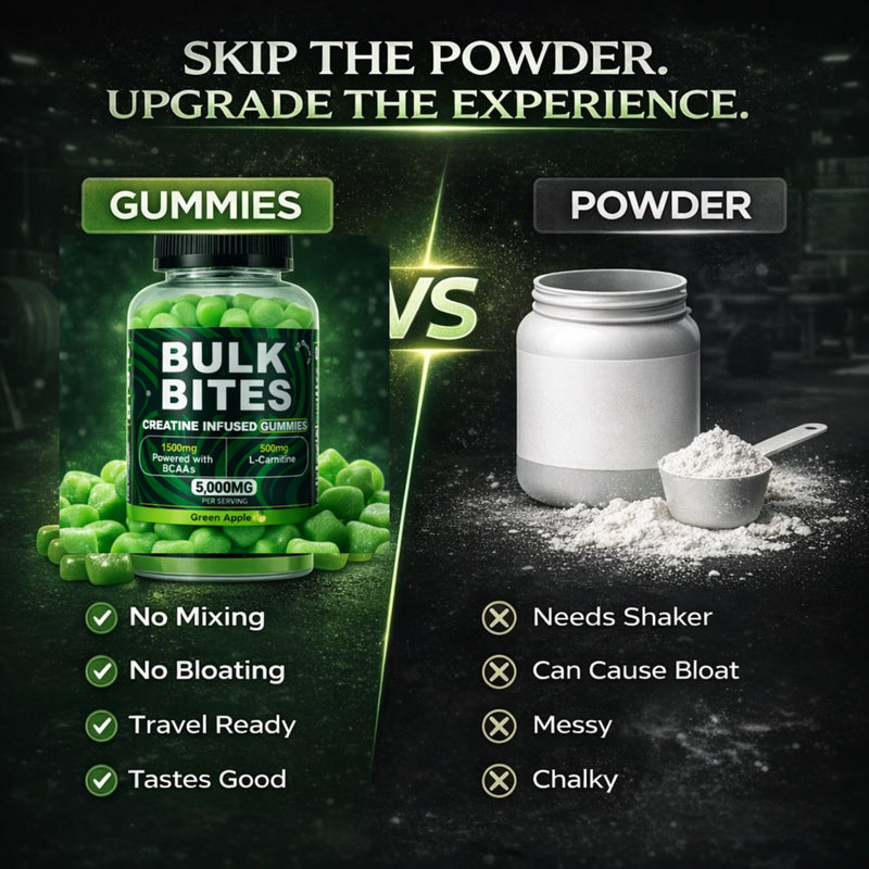 Bulk Bites 7000mg Creatine Gummies – High Strength Creatine Monohydrate Complex with BCAA & L-Carnitine | Sugar-Free Vegan Pre Workout Gummies, Muscle Growth, Energy & Recovery – 90 Gummies Green Apple