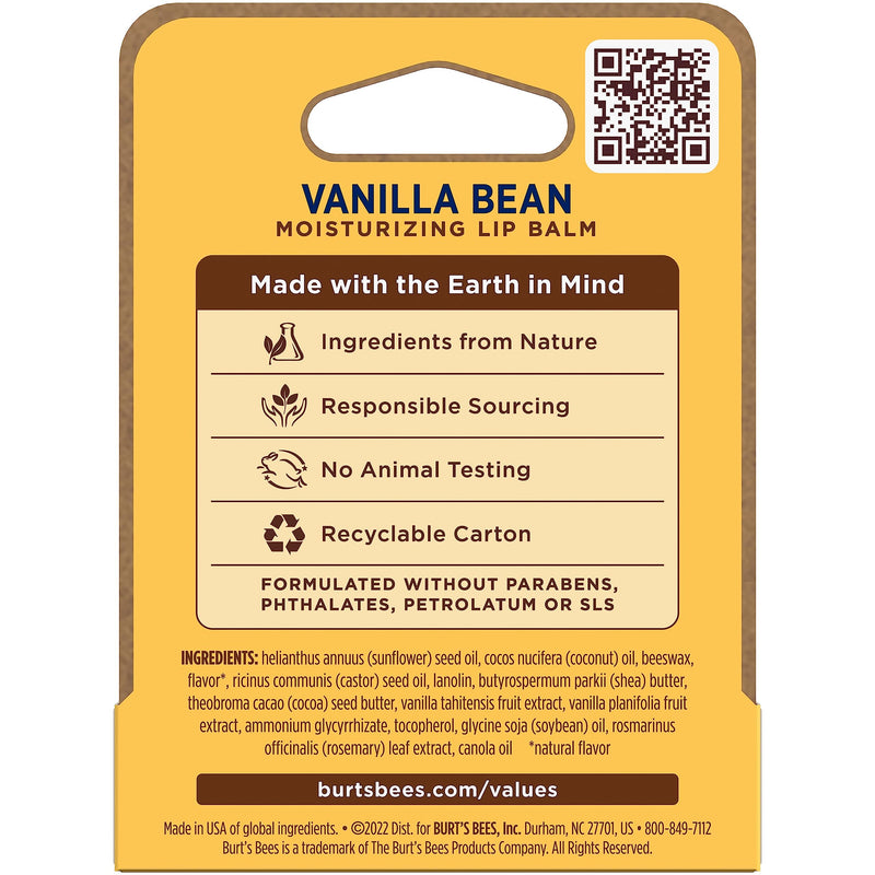 Burt's Bees Lip Balm, Vanilla Bean, Lip Moisturizer With Responsibly Sourced Beeswax, Tint-Free, Natural Conditioning Treatment, 1 Tube, 0.15 oz. 1 Count (Pack of 1)