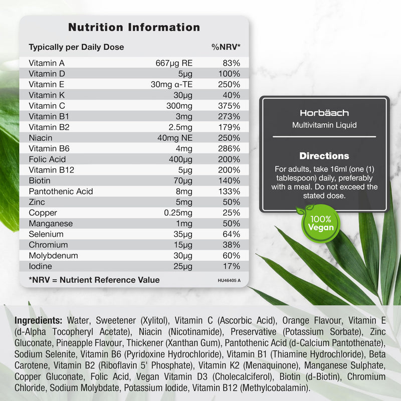 Multivitamin Liquid for Adults | 480mL (30 Servings) | Orange Flavour | 20 Essential Nutrients for Overall Wellness | Vegan Food Supplement | By Horbaach
